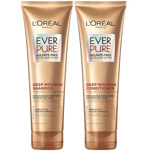 L’Oreal Paris Sulfate Free Shampoo and Conditioner for Dry Hair, Triple Action Hydration for Dry, Brittle or Color Treated Hair, Apricot Oil Infused Hair Care, EverPure, 8.5 Fl Oz, Set of 2